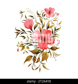 Aquarell wilde rosa Blumenstrauß, isoliert. Abstrakte Frühlingsblumen, Gras, Blattzweige, Blumenblätter im minimalen Stil. Stock Vektor