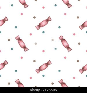 Nahtloses Muster mit rosafarbenen Bonbons und mehrfarbigen Aquarellflecken im Vintage-Stil. Aquarellabbildung auf weißem Hintergrund Stockfoto