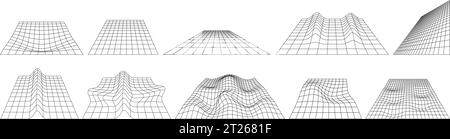 Perspektivische Drahtmodellraster. Vektorsatz von verzerrten Retro-futuristischen geometrischen Blueprint-Ebenen Stock Vektor