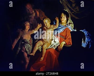 Heilige Familie, von Matthias Stomer, um 1600, 17. Jahrhundert, Öl auf Leinwand, Museum, Italien, Heilige Familie in einem von Kerzenlicht beleuchteten Raum; der heilige Josef bleibt im Schatten, zusammen mit einem jungen Hirten, der seine Hand zu Jesus richtet Stockfoto