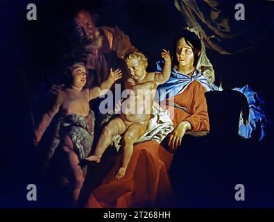 Heilige Familie, von Matthias Stomer, um 1600, 17. Jahrhundert, Öl auf Leinwand, Museum, Italien, Heilige Familie in einem von Kerzenlicht beleuchteten Raum; der heilige Josef bleibt im Schatten, zusammen mit einem jungen Hirten, der seine Hand zu Jesus richtet Stockfoto