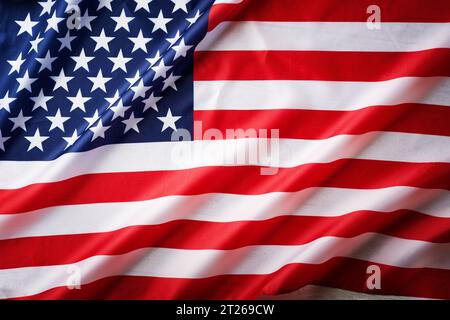 Amerikanische US-Flagge. Wunderschön schwenkende amerikanische Flagge. Nationalstolz der Vereinigten Staaten von Amerika. Memorial, Präsident, Labor Day Hintergrund. Patrioti Stockfoto