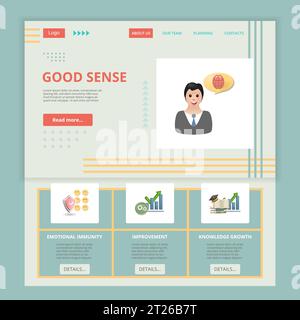 Vorlage für flache Landing-Page-Website von guter Vernunft. Emotionale Immunität, Verbesserung, Wissenswachstum. Webbanner mit Kopf-, Inhalt- und Fußzeile. Vektor Stock Vektor
