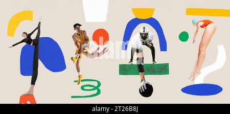 Zeitgenössische Kunstcollage. Set aus kreativ gestalteten Postern mit professionellen Sportlern in verschiedenen Sportarten. Einzel- und Mannschaftssport Stockfoto