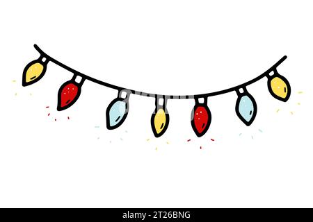 Doodle Christmas Girlande. Handgezeichneter Festoon isoliert auf weißem Hintergrund. Farbige festliche Dekoration mit Glühbirnen, Kerzen. Vektorabbildung für Stock Vektor