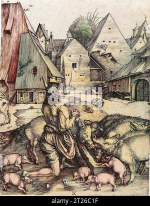 Der verlorene Sohn. Stich von Albrecht Durer (1471-1528) - spätere Färbung Stockfoto