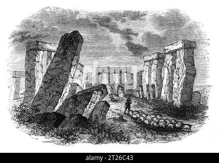 Stonehenge vor der Restaurierung um 1860. Black-and-White-Illustration aus dem „Old England“, veröffentlicht von James Sangster im Jahr 1860. Stockfoto