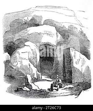 Wayland Smith's Cave oder Wayland's Smithy, Ashbury, Oxfordshire, eine neolithische kammerkarre, die einst als Heimat von Wayland, dem sächsischen Gott der Metallverarbeitung, galt. Black-and-White-Illustration aus dem „Old England“, veröffentlicht von James Sangster im Jahr 1860. Stockfoto