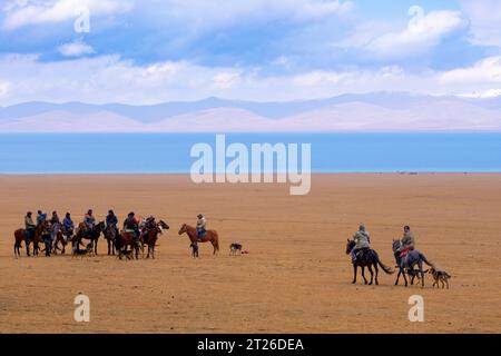 Kok-boru Kirgisistan-Buzkashi Ziegenziehen ist die traditionelle nationale Sportart, in der die Spieler auf den Pferden versuchen, eine Ziege oder ein Kalb zu platzieren Stockfoto