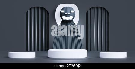 Schwarzer Raum für die Präsentation von Produkten. 3D White Circle Halloween Stand Stockfoto
