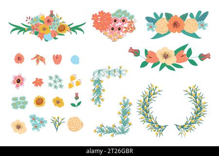 Set aus Blumen und Kranzrahmen für Kartendesign Stock Vektor