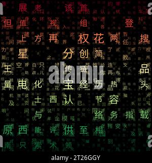 Hintergrund des Buchstabenrasters. Zufällige Zeichen des vereinfachten chinesischen Alphabets. Gradiented Matrixmuster. Hintergrund des roten gelben grünen Designs. Stock Vektor