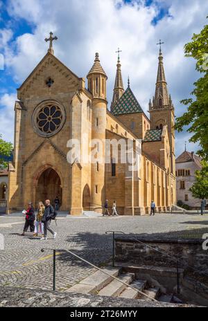 Neuchatel, Schweiz - 7. August 2023: Die Stiftskirche in Neuchatel, erbaut zwischen 1185 und 1276, repräsentiert den romanischen und gotischen Stil. Stockfoto