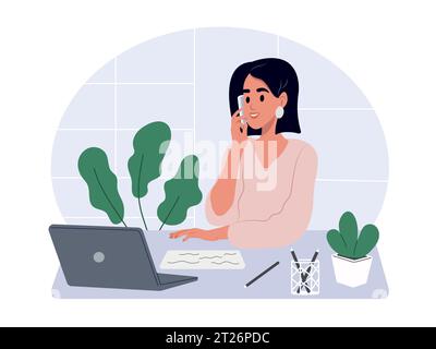 Der Manager spricht während eines Telefonanrufs mit einem Kunden. Eine Frau telefoniert im Büro. Illustration der Vektorabwicklung. Stock Vektor