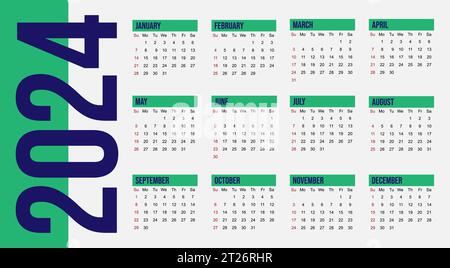 Kalender 2024, für Unternehmen, modern und sauber, schlank, Vektorvorlagen, die Wochen beginnen am montag, ein frohes neues Jahr 2024 Stock Vektor