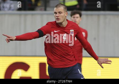 Bozen, Italien. Oktober 2023. Leo Hjelde aus Norwegen während der Italienischen U21 gegen Norwegen U21, 3Â° Spiel der europäischen Qualifikation 2025 Gruppe A, Spiel bei GNerone Claudio Druso in Bozen - Bolzen (BZ), Italien, am 17. Oktober 2023. Quelle: Unabhängige Fotoagentur/Alamy Live News Stockfoto