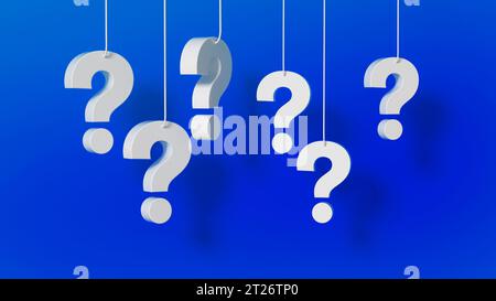 Viele Fragezeichen hängen auf blauem Hintergrund. 3D-Rendering. Stockfoto