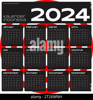 Vorlagenvektor für den indonesischen Kalender 2024, einfaches minimales Design, Planer 2024 Jahr, Kalender indonesien 2024 Jahr, Woche beginnt sonntag, Satz von 12 Monaten Stock Vektor