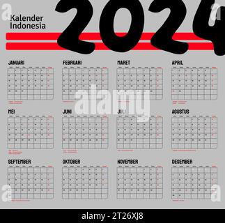Vorlagenvektor für den indonesischen Kalender 2024, einfaches minimales Design, Planer 2024 Jahr, Kalender indonesien 2024 Jahr, Woche beginnt sonntag, Satz von 12 Monaten Stock Vektor