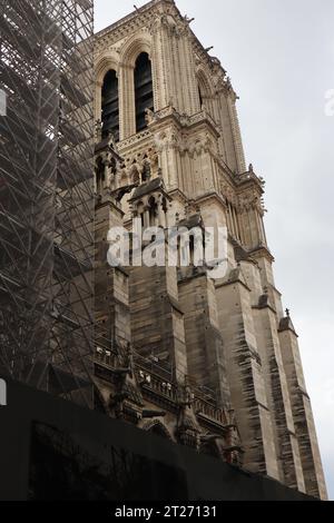 Nahaufnahme der Kathedrale Notre Dame nach dem Feuer, Paris, Frankreich. Bild bei düsterem Wetter. Stockfoto