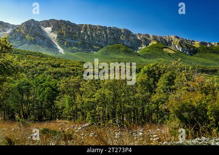 Panorama der Sirente mit ihren grünen Buchenwäldern. Parco naturale regionale Sirente-Velino, Abruzzen, Italien, Europa Stockfoto