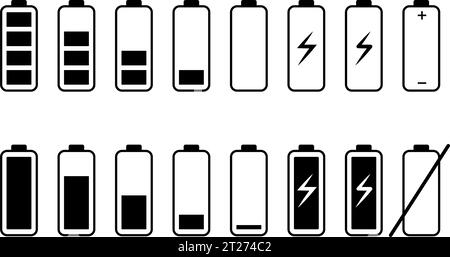 Symbolsatz des Akkuladezustands. Symbol für entladenen und vollständig geladenen Akku. Vektorabbildung Stock Vektor