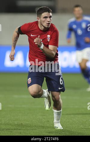 Bozen, Italien. Oktober 2023. Christos Zafeiris von Norwegen während der Italienischen U21 gegen Norwegen U21, 3Â° Spiel der europäischen Qualifikation 2025 Gruppe A, Spiel bei GNerone Claudio Druso in Bozen - Bolzen (BZ), Italien, am 17. Oktober 2023. Quelle: Unabhängige Fotoagentur/Alamy Live News Stockfoto