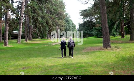 Rückansicht eines älteren Paares, der im Sommer West London England Großbritannien in einem Waldgebiet entlang eines baumgesäumten Walks am Royal Botanical Gardens Kew spaziert Stockfoto