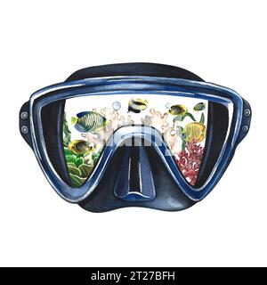 Tauchermaske mit tropischen Fischen und Korallen hinter dem Glas. Handgezeichnet in Aquarell. Unterwasserfahrt. Für die Gestaltung von Etiketten, Karten und Bannern Stockfoto