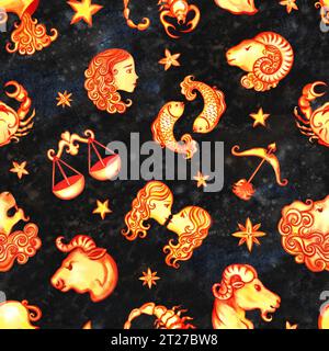Nahtloses Muster mit Tierkreiszeichen nach dem Horoskop. Das Aquarell ist handgezeichnet. Künstlerische, farbige, farbige Illustration. Auf schwarzem Hintergrund Stockfoto