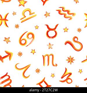 Nahtloses Muster mit Tierkreiszeichen nach dem Horoskop. Das Aquarell ist handgezeichnet. Künstlerische, farbige, farbige Illustration. Für Textilien, AS Stockfoto
