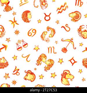 Nahtloses Muster mit Tierkreiszeichen nach dem Horoskop. Das Aquarell ist handgezeichnet. Künstlerische, farbige, farbige Illustration. Für Textilien, AS Stockfoto