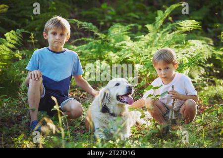 Ornhoj, Dänemark, 4. Juli 2023: Brüder gehen mit Hund im Wald Stockfoto