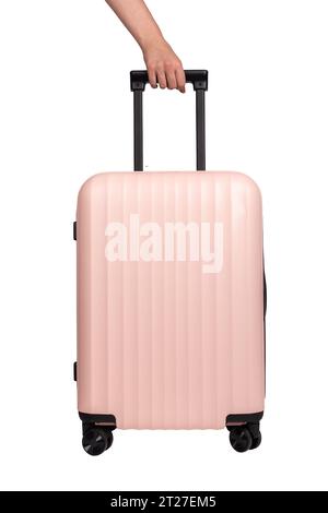 Handgriff für Koffer mit Rädern, Spinnergepäck, rosa Tasche isoliert auf weiß Stockfoto