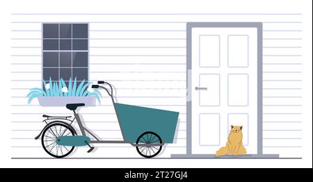 Lastenfahrrad, bakfiets in einem Parkplatz nahe der Haustür eines Hauses, Hotel, Geschäft Außenansicht des Flurs von der Straße. Rote Katze sitzt auf einer Veranda. Stock Vektor