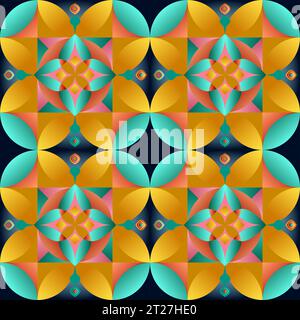 Nahtloses Strickmuster mit Stricknadeln. Geometrisches, farbenfrohes 3D-Muster, das Stickereien imitiert. Stockfoto