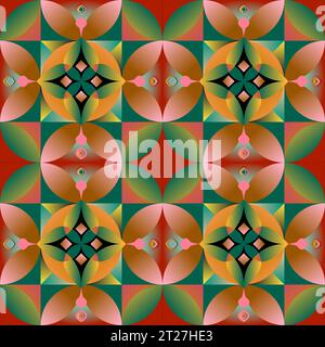 Nahtloses Strickmuster mit Stricknadeln. Geometrisches, farbenfrohes 3D-Muster, das Stickereien imitiert. Stockfoto