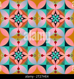 Nahtloses Strickmuster mit Stricknadeln. Geometrisches, farbenfrohes 3D-Muster, das Stickereien imitiert. Stockfoto