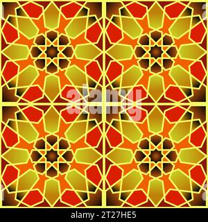 Nahtloses Strickmuster mit Stricknadeln. Geometrisches, farbenfrohes 3D-Muster, das Stickereien imitiert. Stockfoto