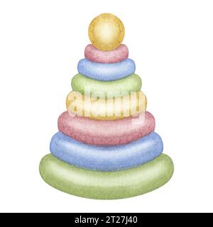 Babyspielzeugpyramide, hölzerne Pastellringe zum Spielen. Handgezeichnete Aquarellillustration isoliert auf weißem Hintergrund. Sammlung antiker Spielzeuge Stockfoto
