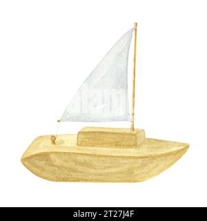 Babyspielzeug Holzboot weißes Segel für Kinderspiel. Lustiges Segelboot für den kleinen Jungen. Handgezeichnete Aquarellillustration isoliert auf weißem Hintergrund. Für Stockfoto