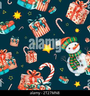 Niedliches nahtloses Aquarellmuster mit Schneemann in einem Hut und Schal, weihnachtsgeschenkboxen, Süßigkeiten und Sterne Winterfeiertag Neujahrsillustration mit Stockfoto