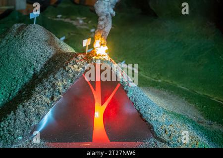 Guatemala, La Antigua - 20. Juli 2023: Finca La Azotea Museen. Maquette zeigt die inneren Abläufe der Vulkannähe: Flammen und grüner Berg Stockfoto