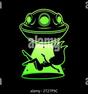 Realistisches UFO, nicht identifiziertes fliegendes Objekt. Außerirdische Raumschiffe mit grünem Lichtstrahl, Rauch und Funkeln. Mystischer grüner Hintergrund Stock Vektor