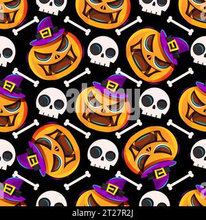 Happy halloween Illustration. Nahtloses Muster mit Zeichentrickfiguren. Süße weiße Geister und Fledermäuse auf dem orangefarbenen Hintergrund. Stock Vektor