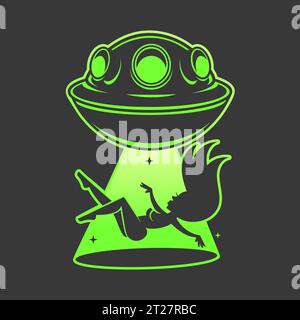 UFO Trippy Alien Raumschiff, Space Hippie groovy Shirt.Vektorlinie Kritzelgrafischer Aufkleber Cartoon Illustration.UFO,Entführung,groovy Alien,Hippie,Raum,t Stock Vektor
