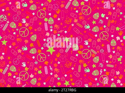 Cartoon Retro Zeichen nahtlose Frieden und Aliens und Pillen und Blumenmuster für Verpackungspapier, Stoffe und Bettwäsche Stockfoto