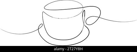 Schale in einer durchgehenden Linie unterschiedlicher Dicke. Happy Coffee Day. Designkonzept für Gruß- oder Einladungskarten, Preis, Etikett, Hintergrundbild oder Web, Poster, Banner, Broschüren. Isolieren. Vektor. EPS Stock Vektor