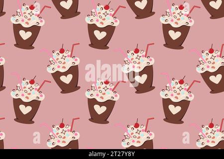 Nahtloses Muster abstrakter Desserts in Tasse mit Strohhalm und Süßwaren. Happy Cake Day. Vektorverpackungen, Poster, Banner, Broschüren, Grüße oder Einladungen, Preis, Etikett, Hintergrundbild oder Web Stock Vektor