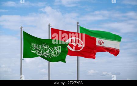 Hamas-, PFLP- und Iran-Flaggen winken zusammen im Wind Stockfoto